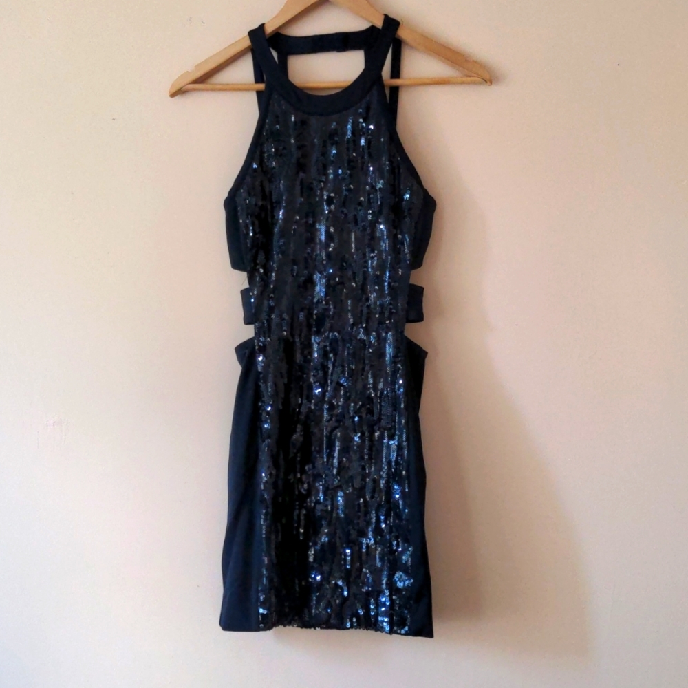Bebe black sequin stretch mini dress with cutouts